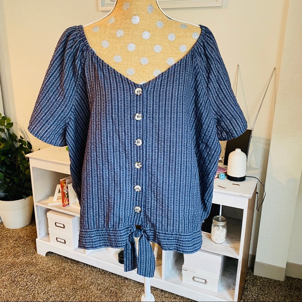 Blue striped button down tie front short sleeve